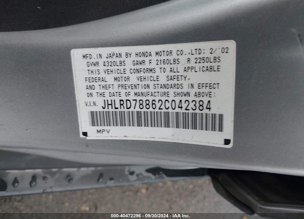 2002 HONDA CR-V EX VIN: JHLRD78862C042384