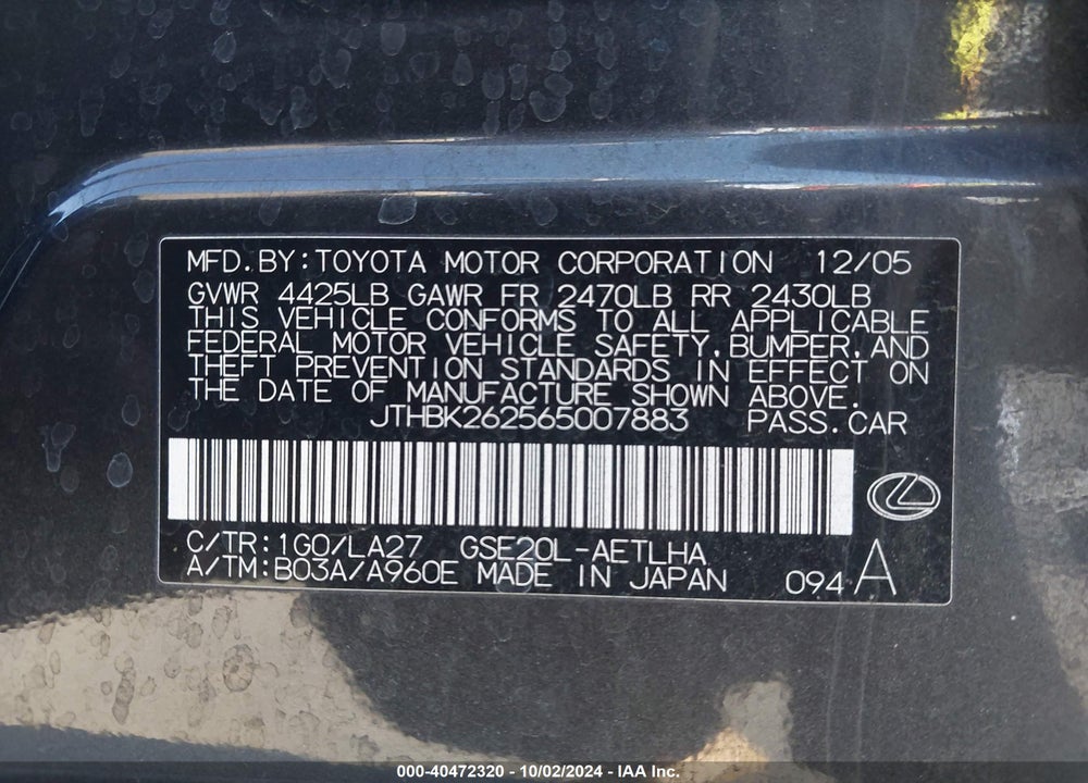 2006 LEXUS IS 250 VIN: JTHBK262565007883