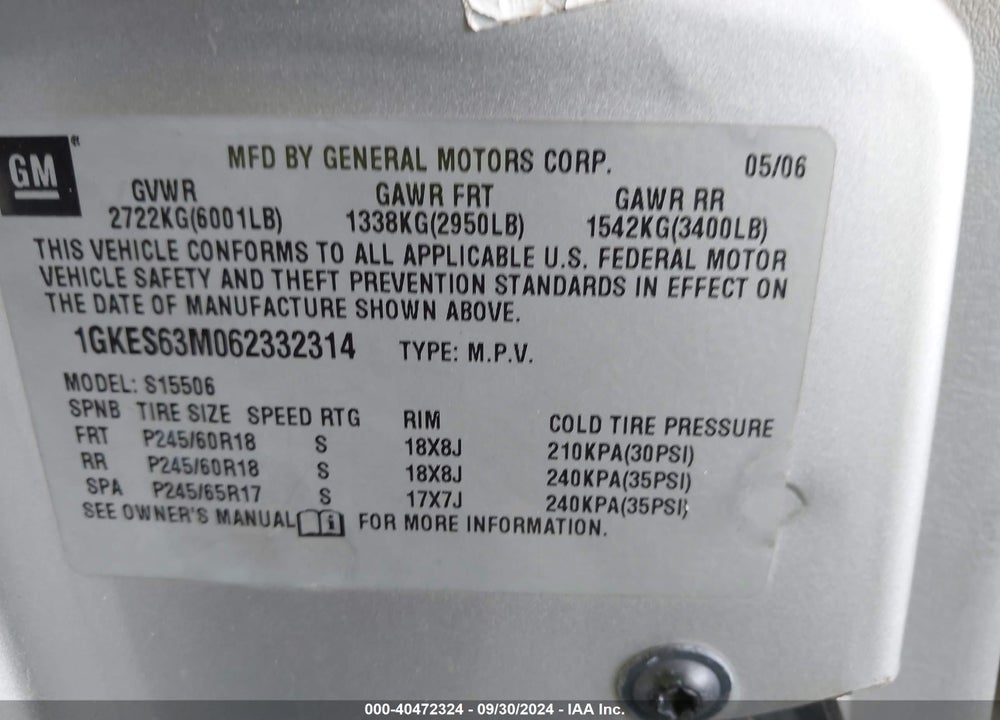 2006 GMC ENVOY DENALI VIN: 1GKES63M062332314