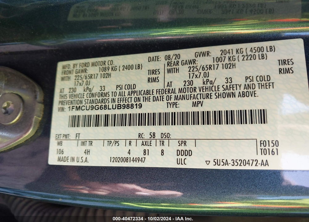 2020 FORD ESCAPE SE VIN: 1FMCU9G68LUB98819