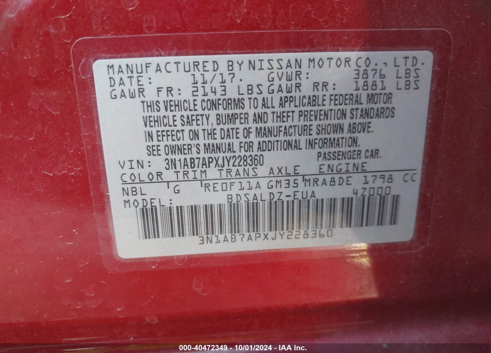 2018 NISSAN SENTRA SV VIN: 3N1AB7APXJY228360