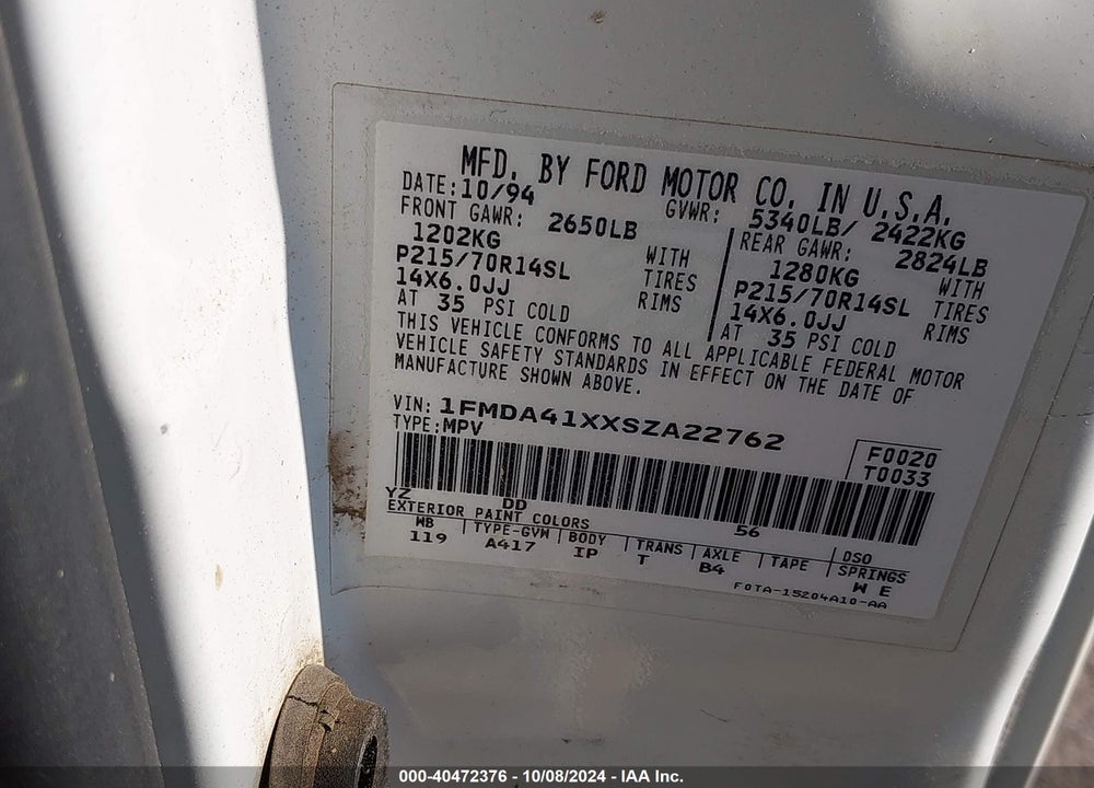 1995 FORD AEROSTAR VIN: 1FMDA41XXSZA22762