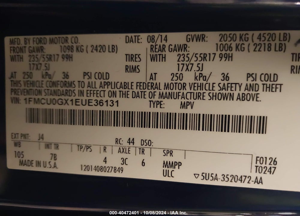2014 FORD ESCAPE SE VIN: 1FMCU0GX1EUE36131