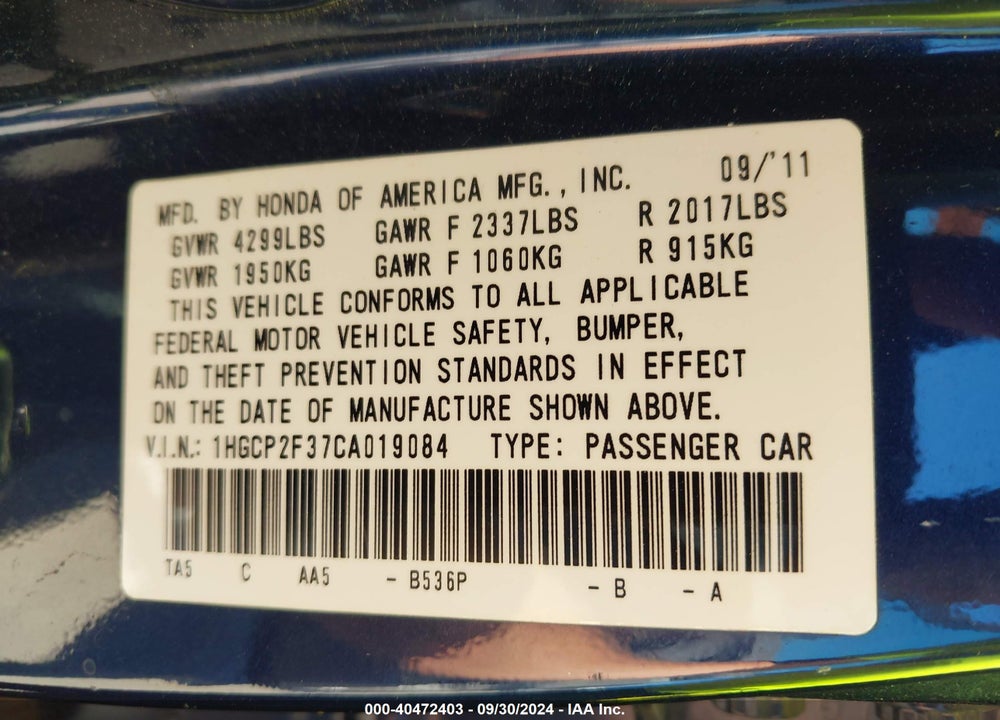 2012 HONDA ACCORD 2.4 LX VIN: 1HGCP2F37CA019084