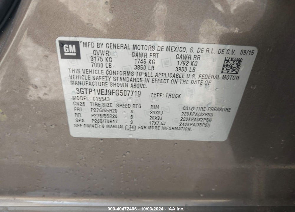 2015 GMC SIERRA 1500 SLT VIN: 3GTP1VEJ9FG507719