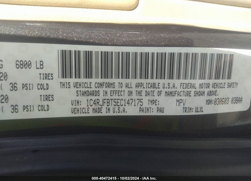 2014 JEEP GRAND CHEROKEE LIMITED VIN: 1C4RJFBT5EC147175