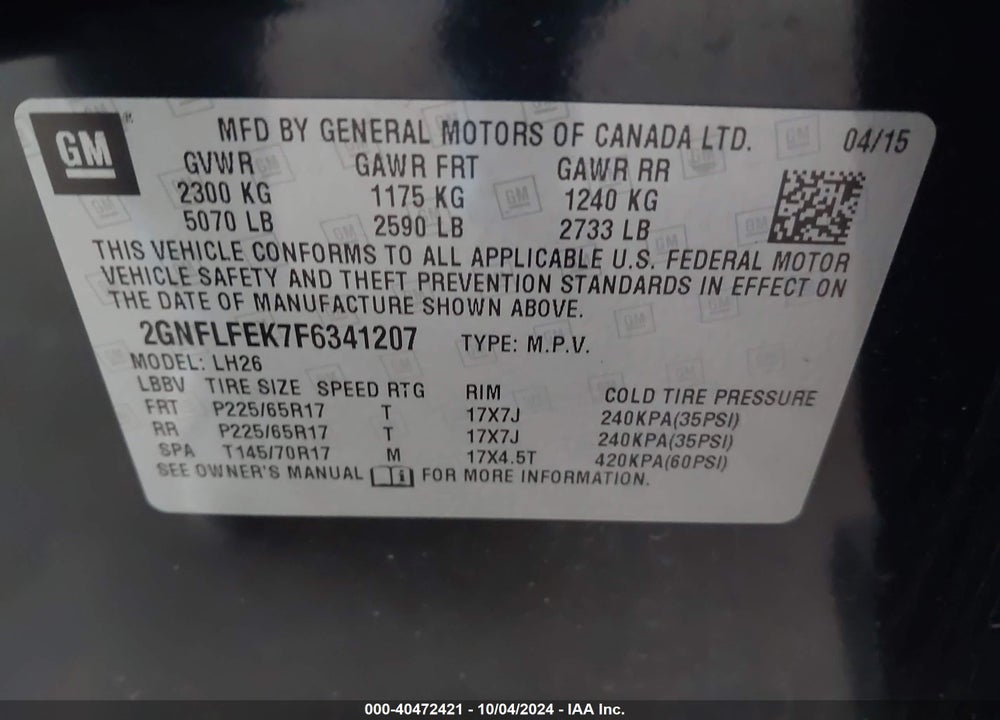 2015 CHEVROLET EQUINOX 1LT VIN: 2GNFLFEK7F6341207