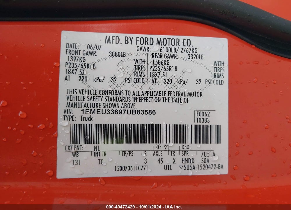 2007 FORD EXPLORER SPORT TRAC LIMITED VIN: 1FMEU33897UB83586
