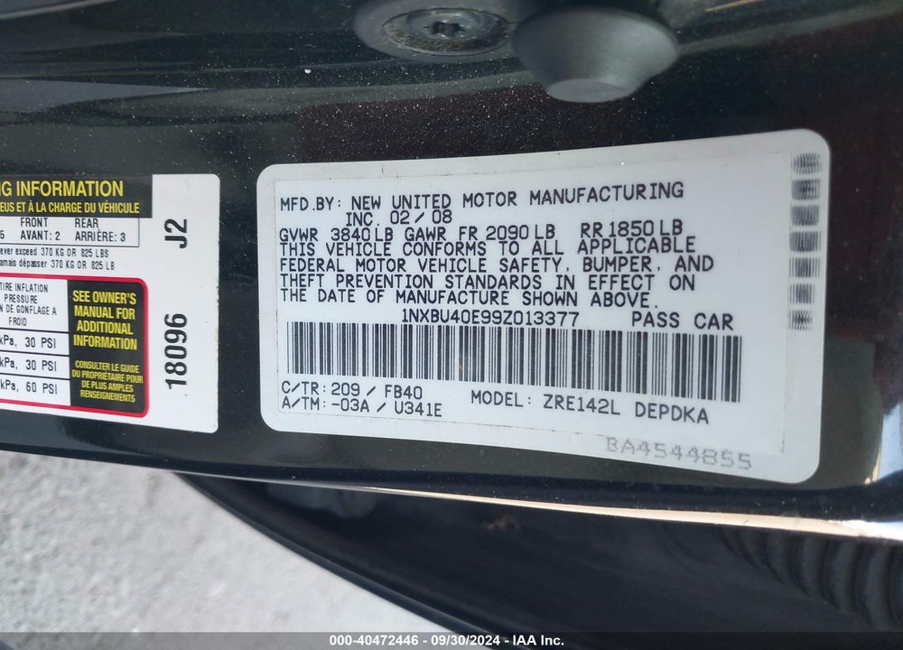 2009 TOYOTA COROLLA LE VIN: 1NXBU40E99Z013377