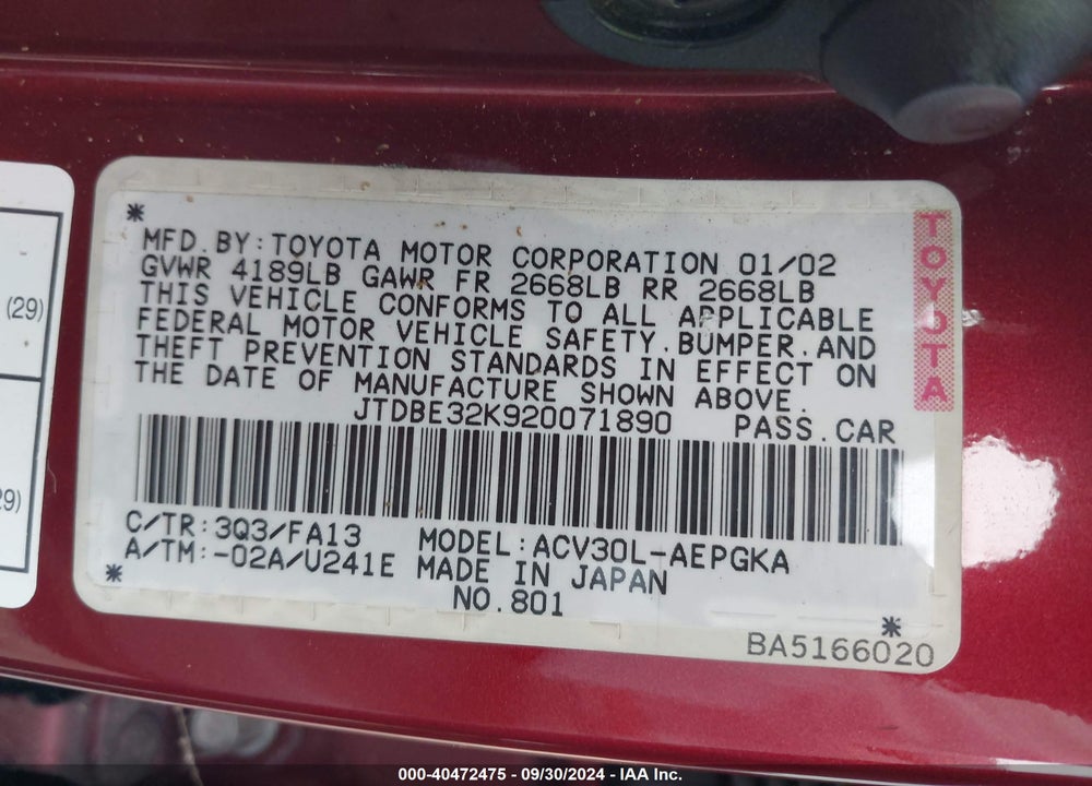 2002 TOYOTA CAMRY XLE VIN: JTDBE32K920071890