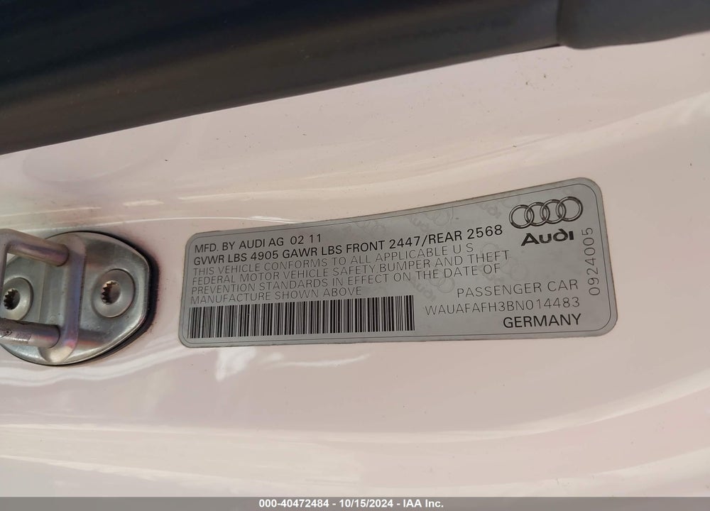 2011 AUDI A5 2.0T PREMIUM VIN: WAUAFAFH3BN014483