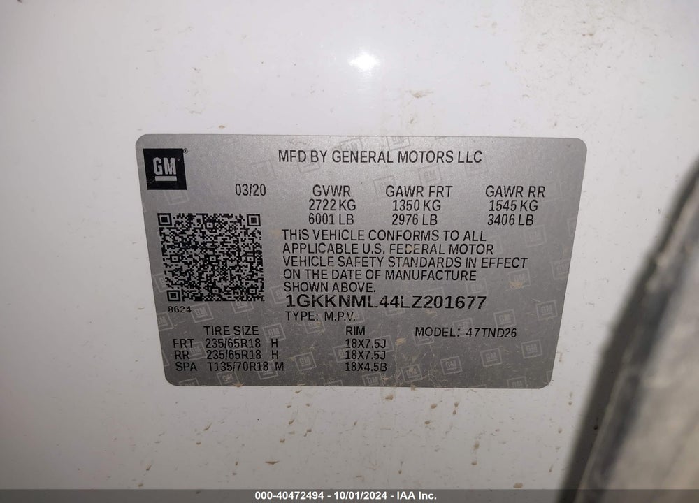 2020 GMC ACADIA FWD SLT VIN: 1GKKNML44LZ201677