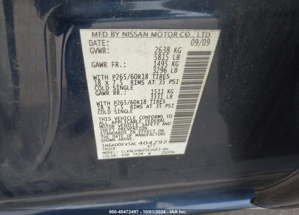 2010 NISSAN FRONTIER LE VIN: 1N6AD0EV5AC404292