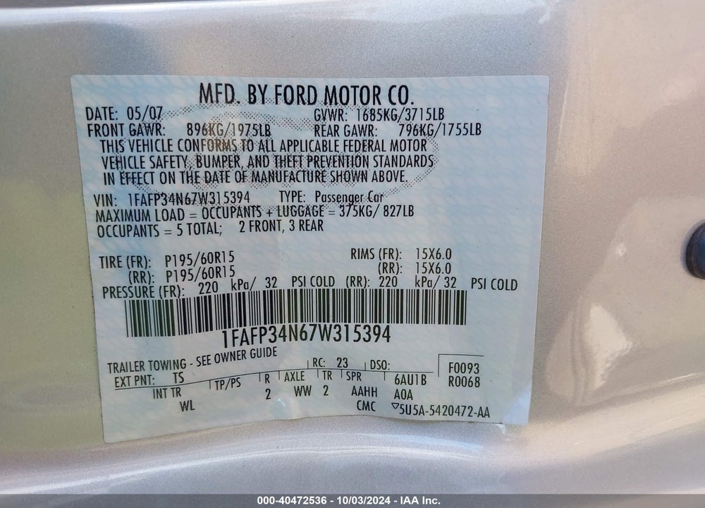 2007 FORD FOCUS S/SE/SES VIN: 1FAFP34N67W315394