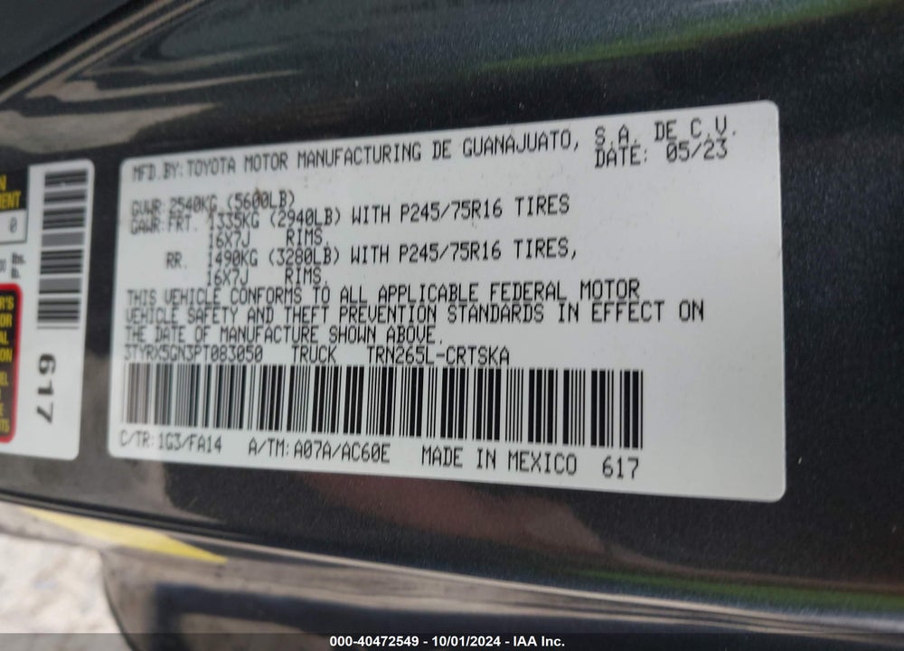 2023 TOYOTA TACOMA SR VIN: 3TYRX5GN3PT083050
