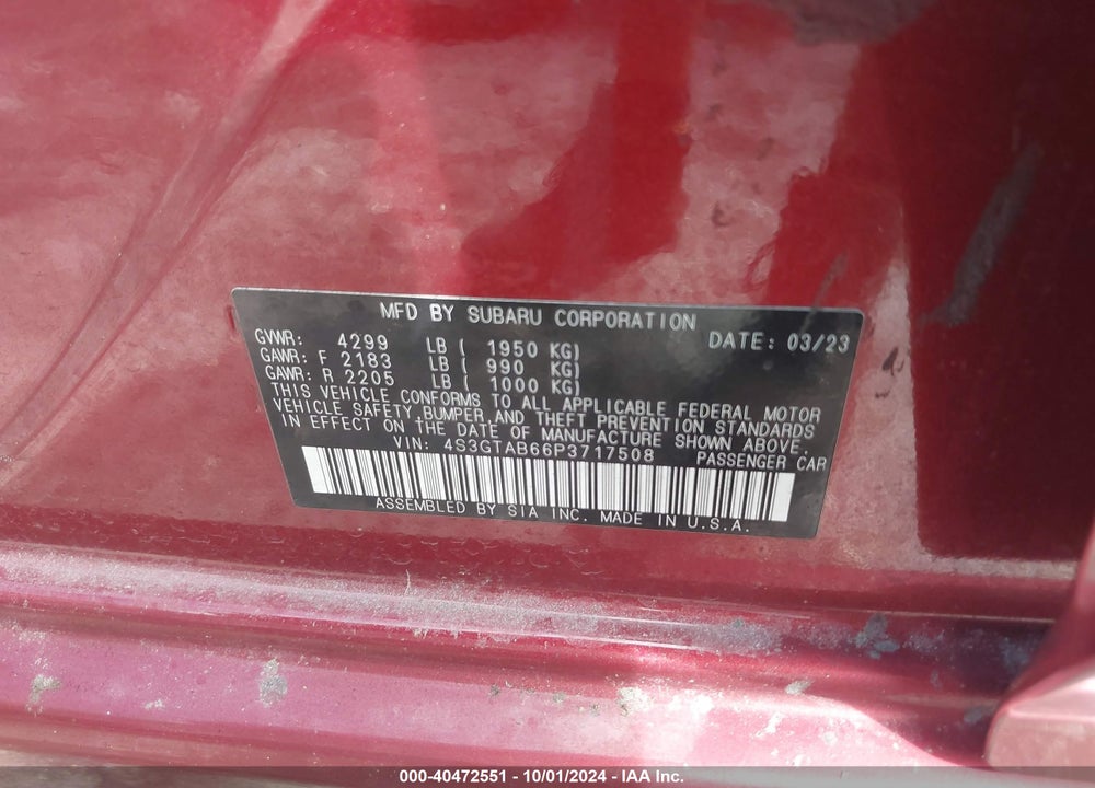 2023 SUBARU IMPREZA BASE 5-DOOR VIN: 4S3GTAB66P3717508