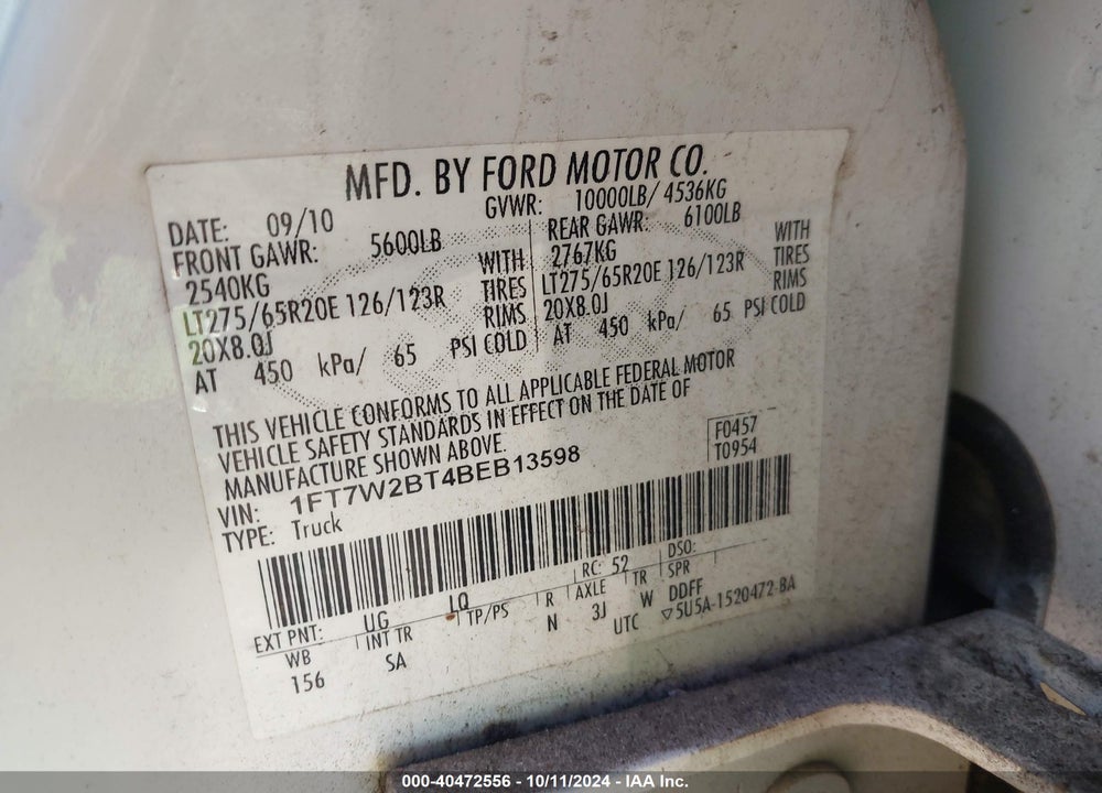 2011 FORD F-250 LARIAT VIN: 1FT7W2BT4BEB13598