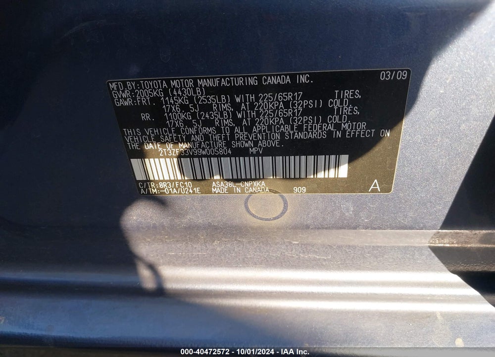 2009 TOYOTA RAV4 VIN: 2T3ZF33V99W005804