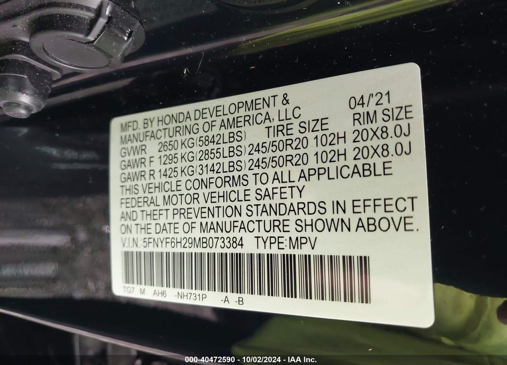 2021 HONDA PILOT AWD SPECIAL EDITION VIN: 5FNYF6H29MB073384