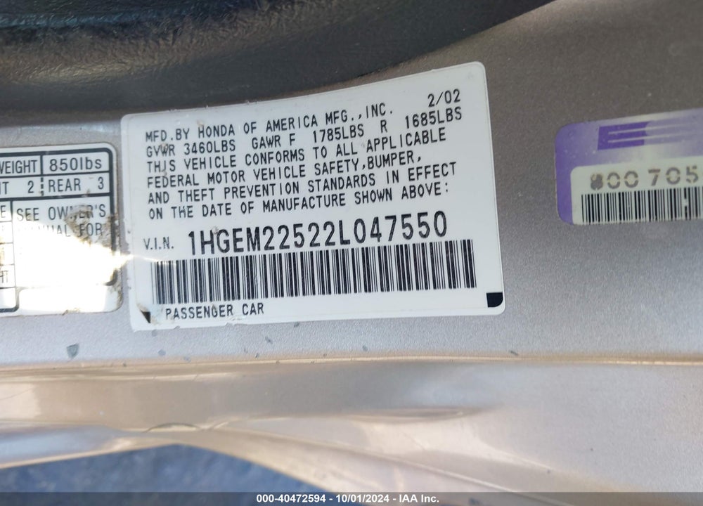 2002 HONDA CIVIC LX VIN: 1HGEM22522L047550