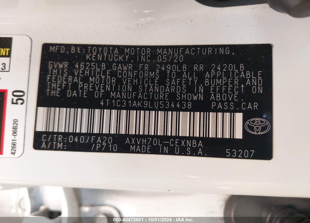 2020 TOYOTA CAMRY LE HYBRID VIN: 4T1C31AK9LU534438