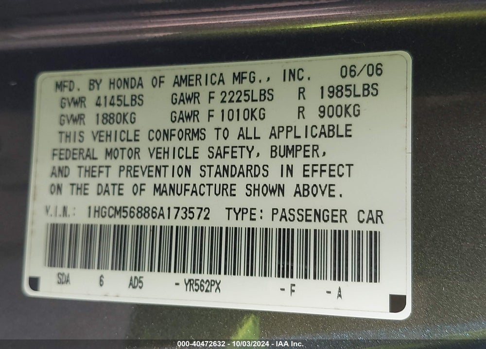 2006 HONDA ACCORD 2.4 EX VIN: 1HGCM56886A173572