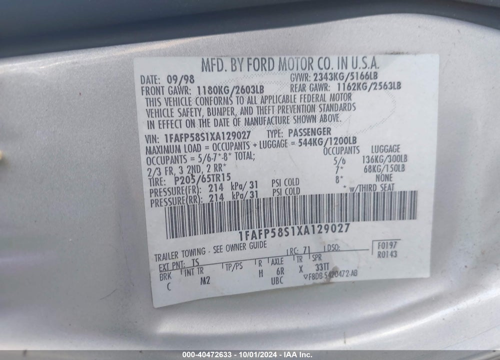 1999 FORD TAURUS SE VIN: 1FAFP58S1XA129027