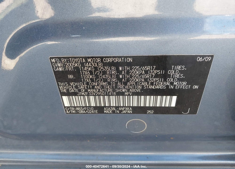 2009 TOYOTA RAV4 VIN: JTMZF33V295011418
