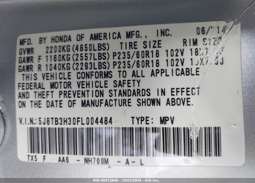 2015 ACURA RDX VIN: 5J8TB3H30FL004484