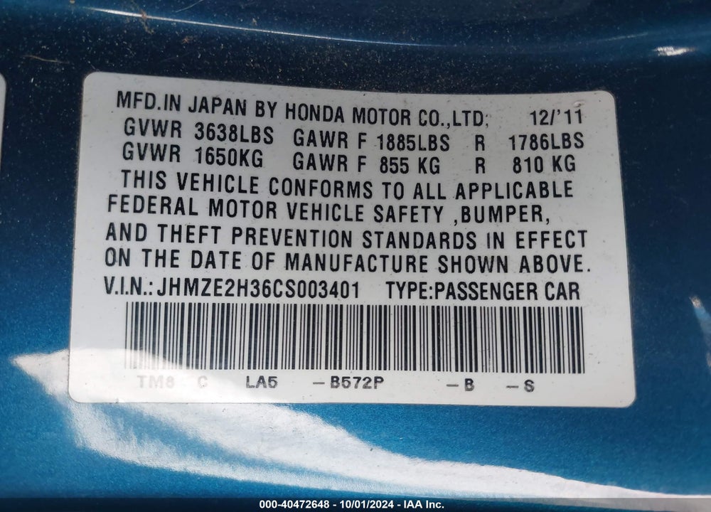 2012 HONDA INSIGHT VIN: JHMZE2H36CS003401