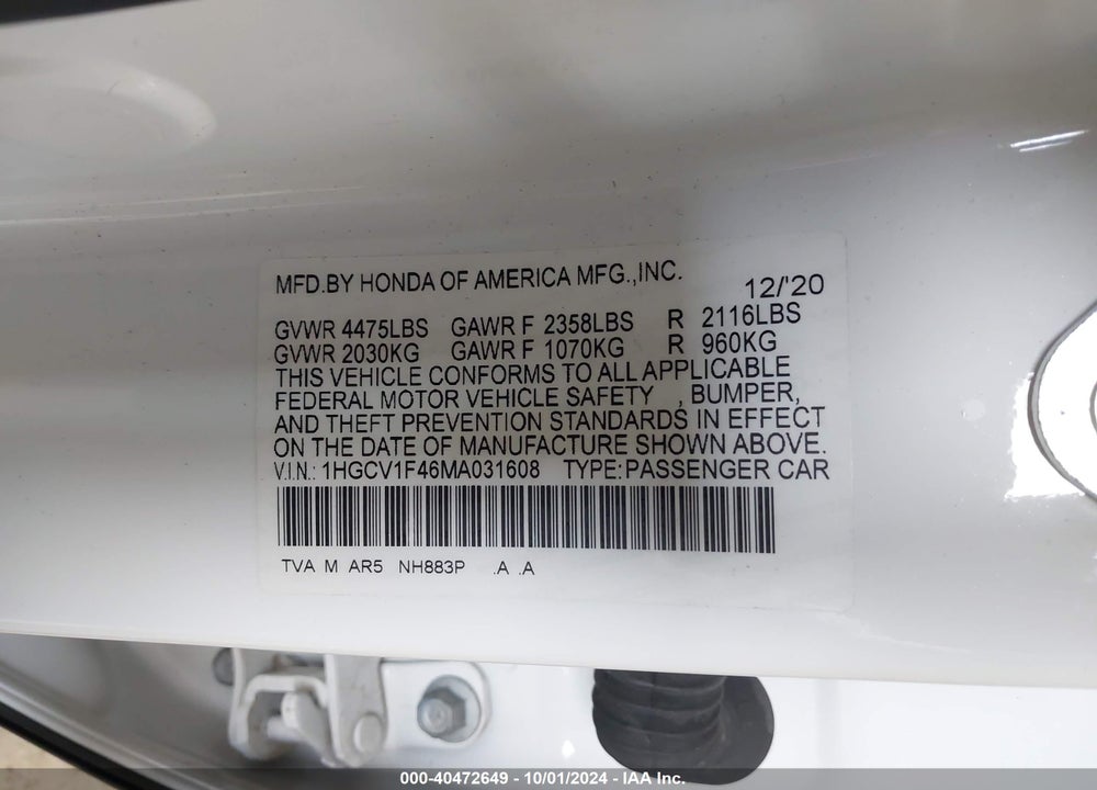 2021 HONDA ACCORD SPORT SPECIAL EDITION VIN: 1HGCV1F46MA031608