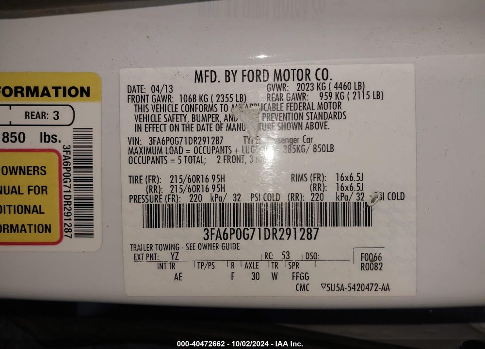 2013 FORD FUSION S VIN: 3FA6P0G71DR291287
