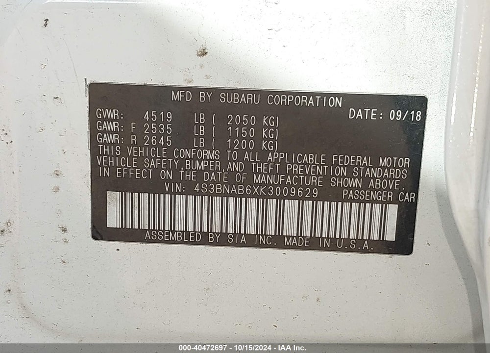 2019 SUBARU LEGACY 2.5I VIN: 4S3BNAB6XK3009629