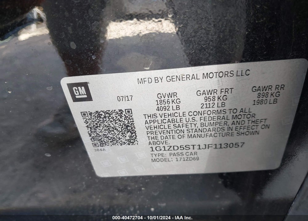 2018 CHEVROLET MALIBU LT VIN: 1G1ZD5ST1JF113057
