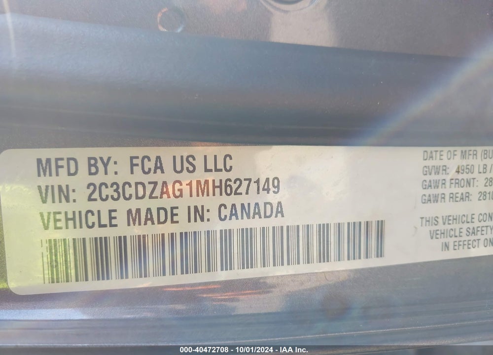 2021 DODGE CHALLENGER SXT VIN: 2C3CDZAG1MH627149