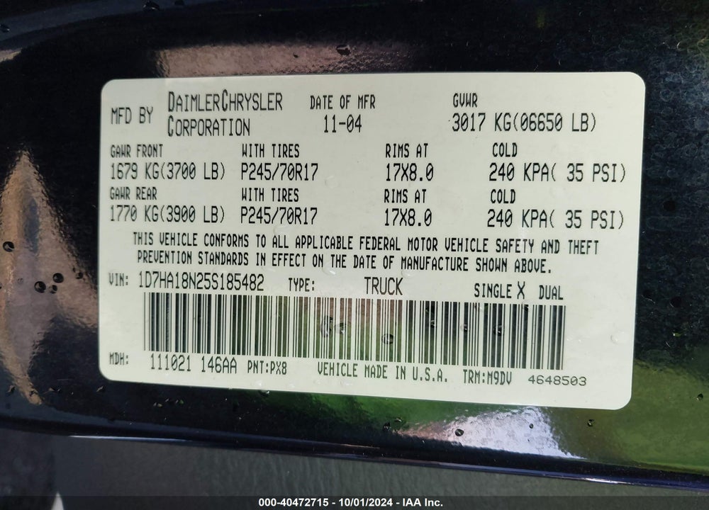2005 DODGE RAM 1500 SLT/LARAMIE VIN: 1D7HA18N25S185482