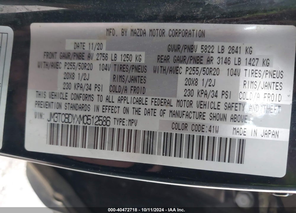 2021 MAZDA CX-9 GRAND TOURING VIN: JM3TCBDYXM0512586