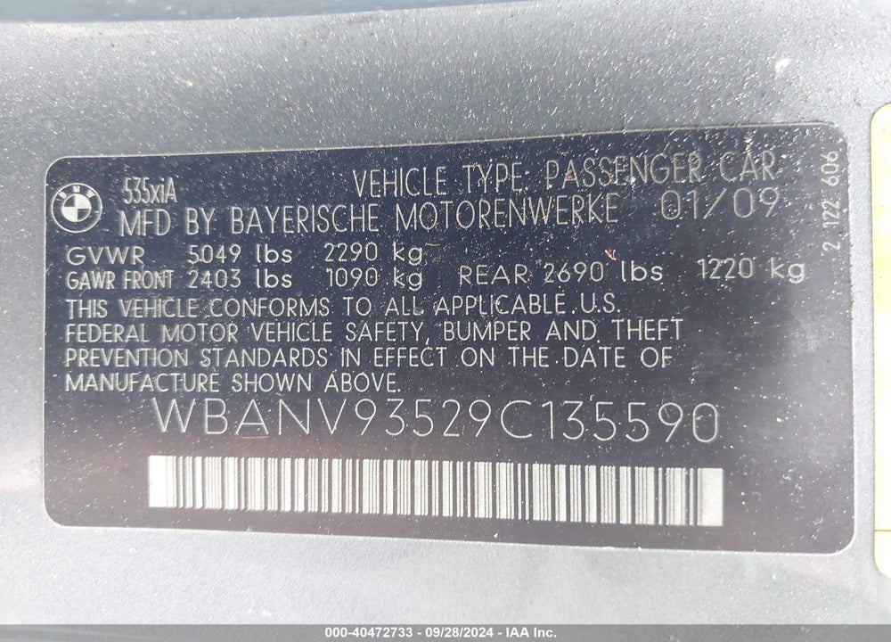 2009 BMW 535I XDRIVE VIN: WBANV93529C135590