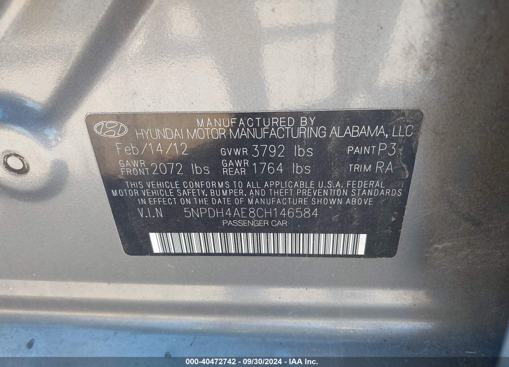 2012 HYUNDAI ELANTRA GLS VIN: 5NPDH4AE8CH146584