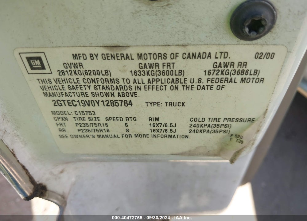2000 GMC SIERRA 1500 SLE VIN: 2GTEC19V0Y1285784