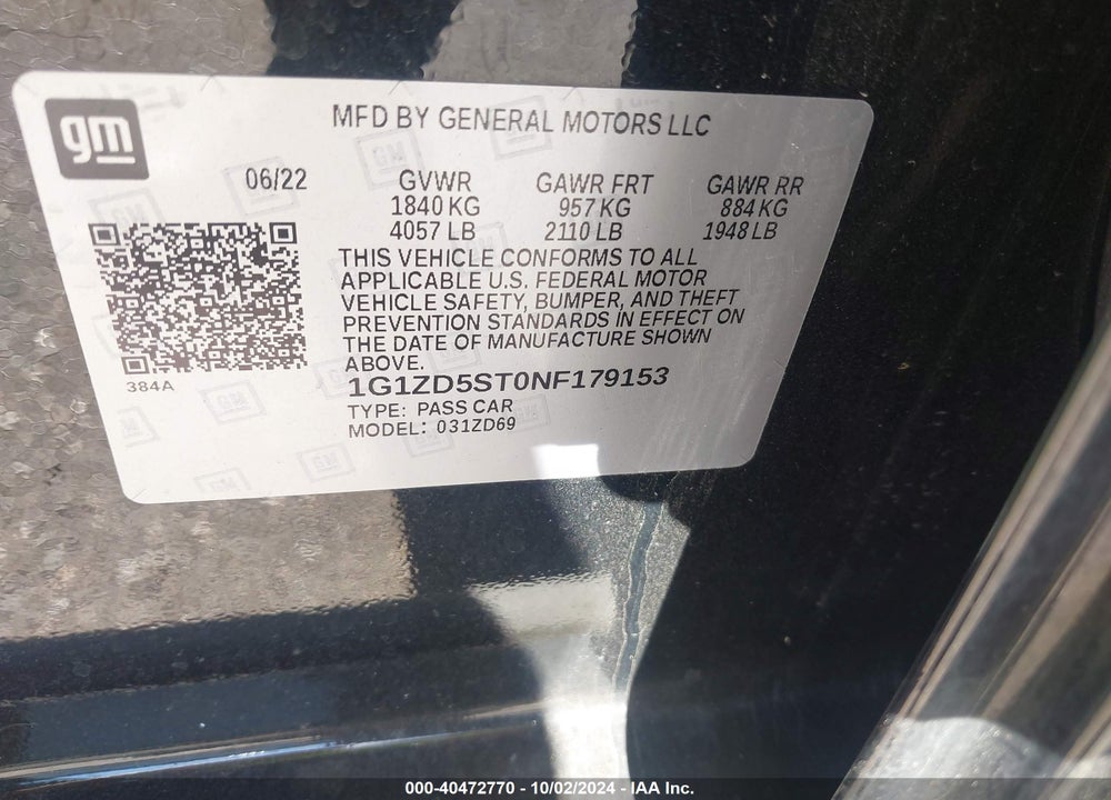 2022 CHEVROLET MALIBU FWD LT VIN: 1G1ZD5ST0NF179153