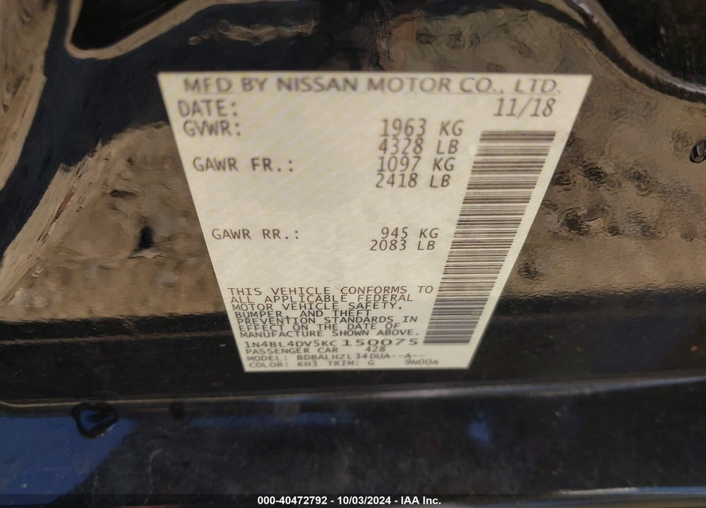 2019 NISSAN ALTIMA 2.5 SV VIN: 1N4BL4DV5KC150075