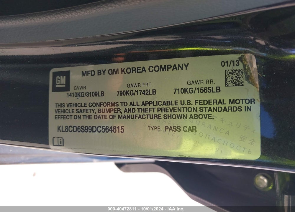 2013 CHEVROLET SPARK 1LT AUTO VIN: KL8CD6S99DC564615