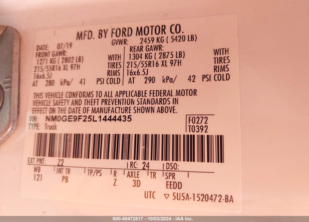 2020 FORD TRANSIT CONNECT XLT PASSENGER WAGON VIN: NM0GE9F25L1444435