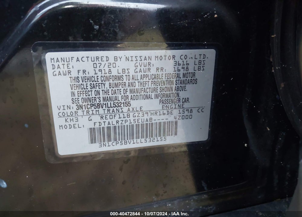 2020 NISSAN KICKS S XTRONIC CVT VIN: 3N1CP5BV1LL532155