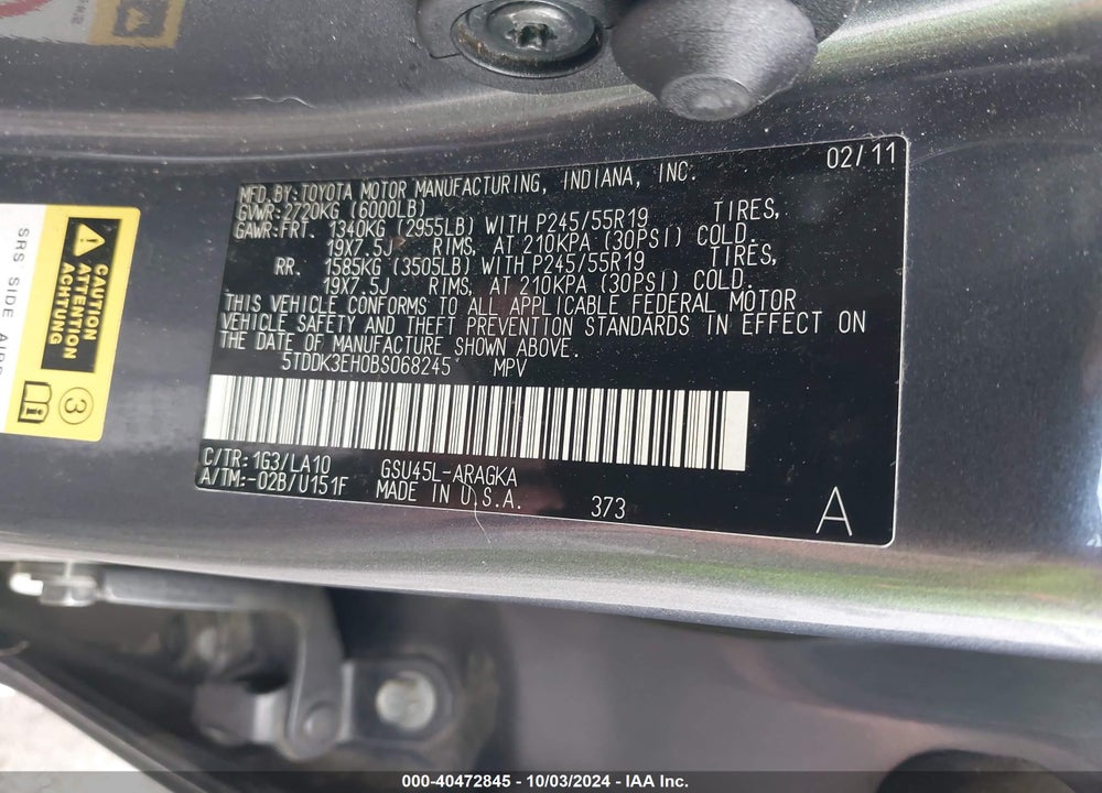 2011 TOYOTA HIGHLANDER LIMITED V6 VIN: 5TDDK3EH0BS068245