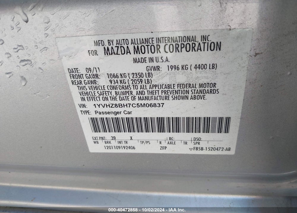 2012 MAZDA 6 I SPORT VIN: 1YVHZ8BH7C5M06837