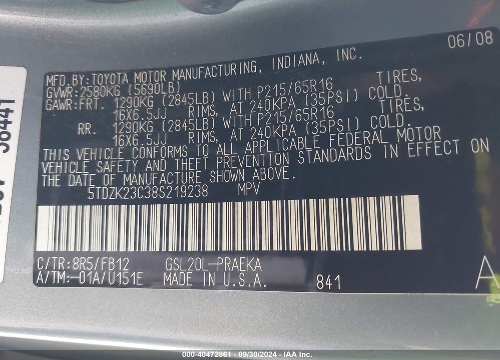 2008 TOYOTA SIENNA CE VIN: 5TDZK23C38S219238