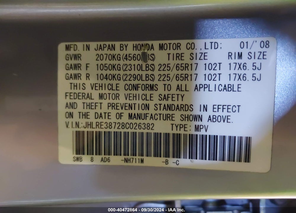 2008 HONDA CR-V EX-L VIN: JHLRE38728C026382