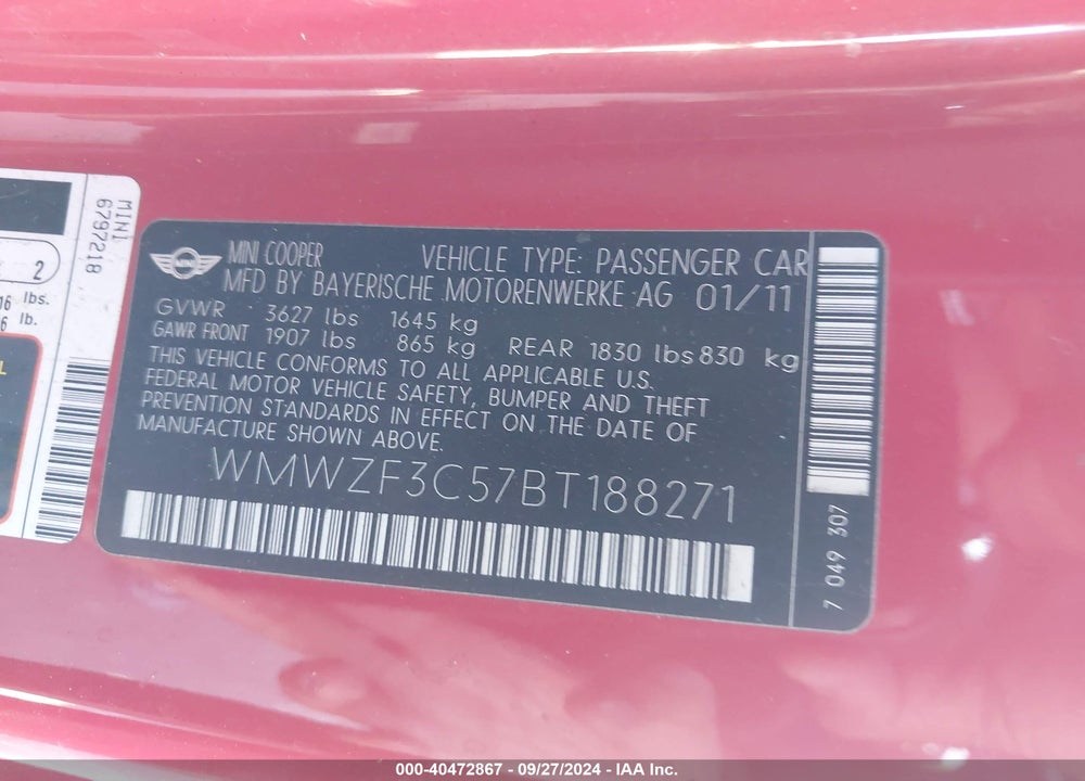 2011 MINI COOPER CLUBMAN VIN: WMWZF3C57BT188271